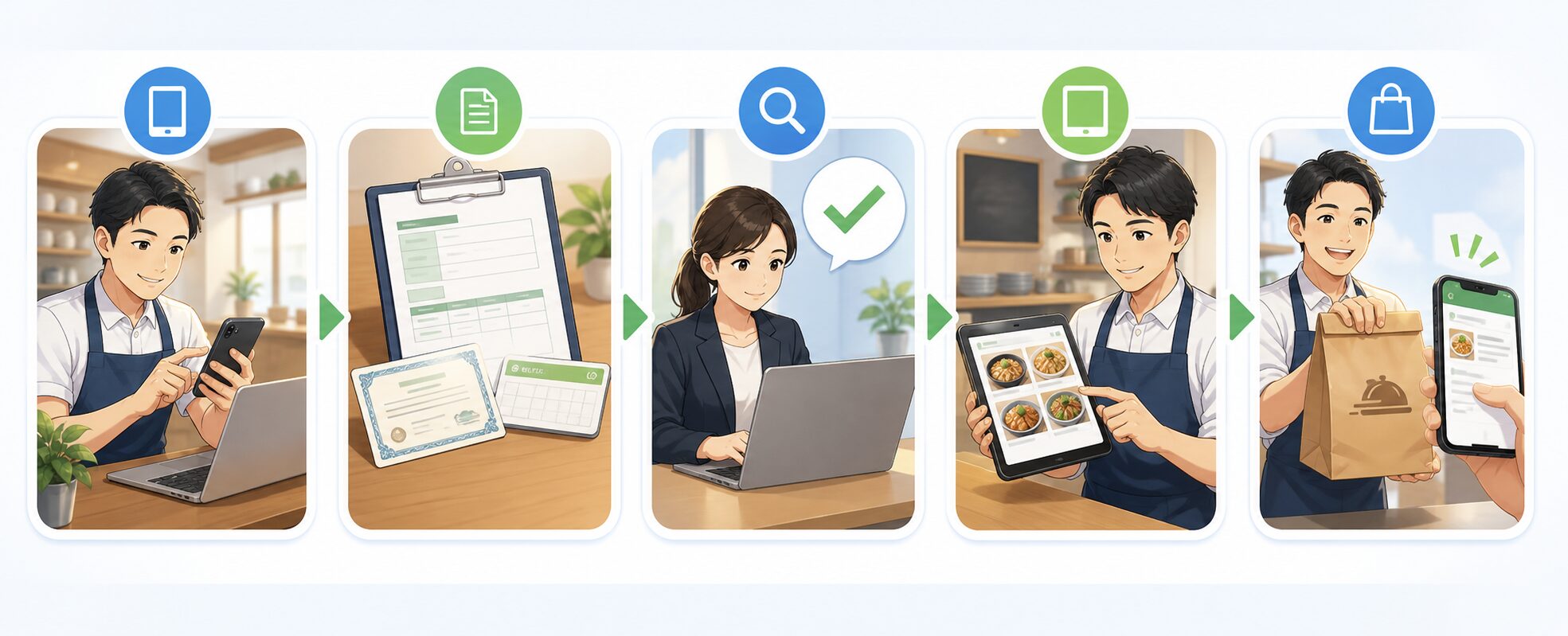 申込み、確認、審査、掲載準備、注文受付までの流れを示す5ステップのイラスト