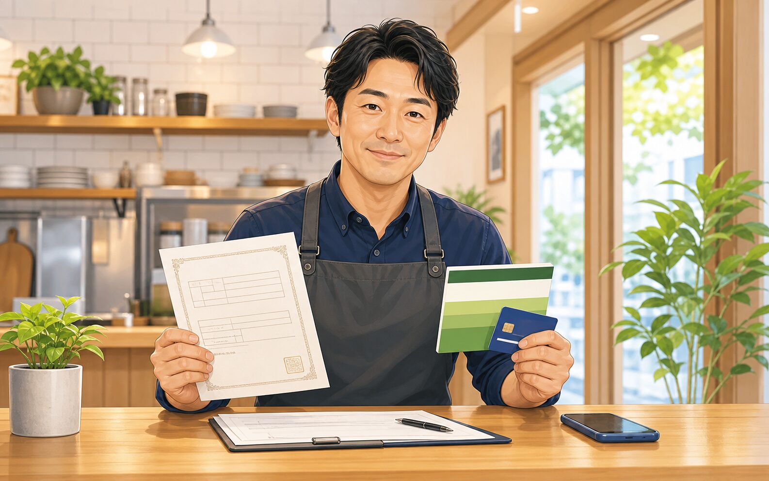 香川県の店舗が営業許可証と銀行口座を準備するイメージ