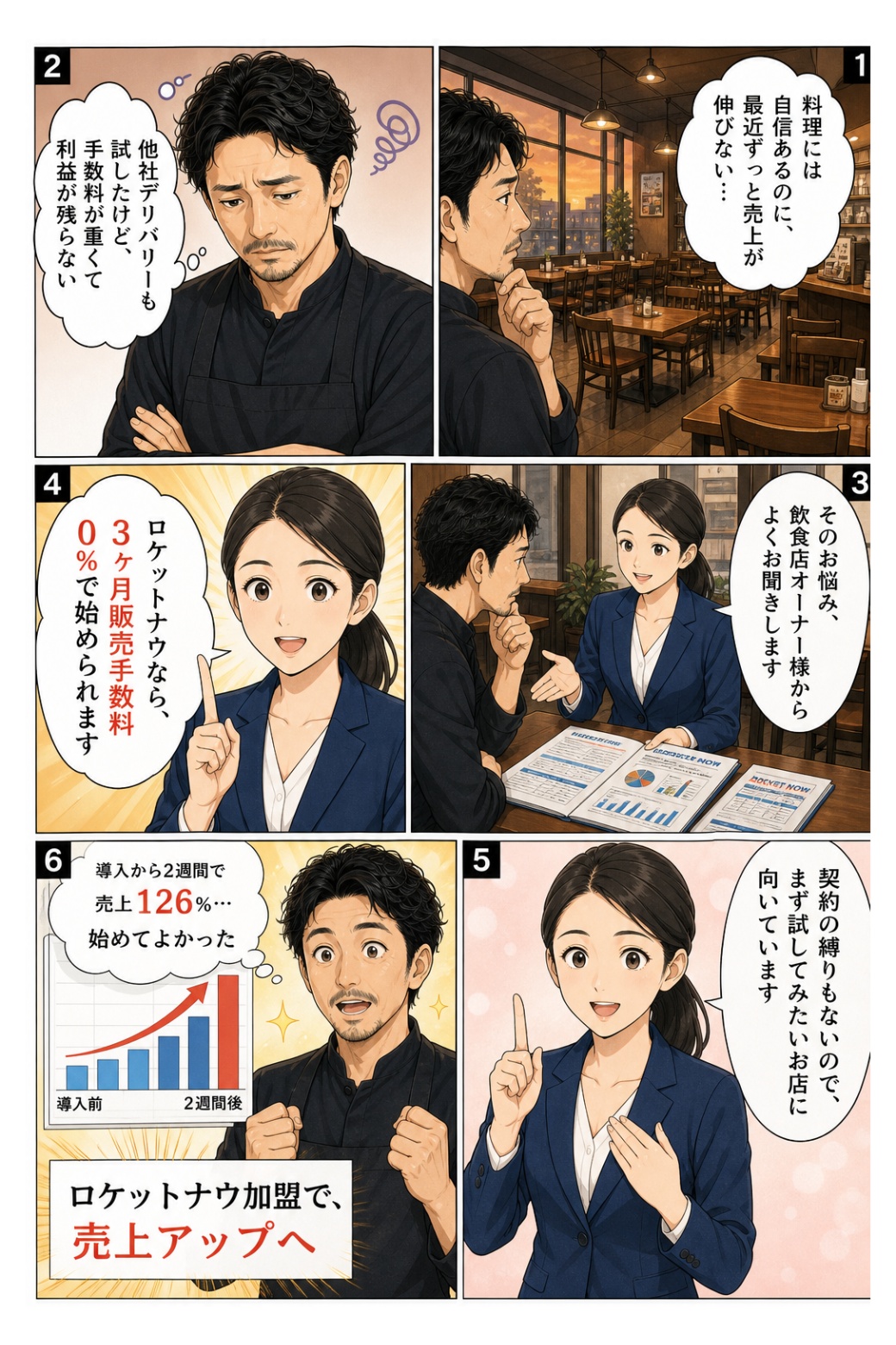 ロケットナウ加盟で売上アップを紹介する漫画